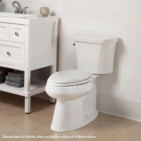 Premium Elongated Toilet Seat With Smooth Slow Close Lid Built Tough Durable Hardwood Frame No Slip Base Quick Snap Hinges Drop Dead Easy Mount Biscuit Color For Home Setup installed on a white toilet.
