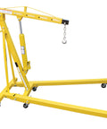 Heavy Duty Engine Hoist With Folding Legs For Shop Safety portable auto crane with sturdy yellow base and adjustable arm.