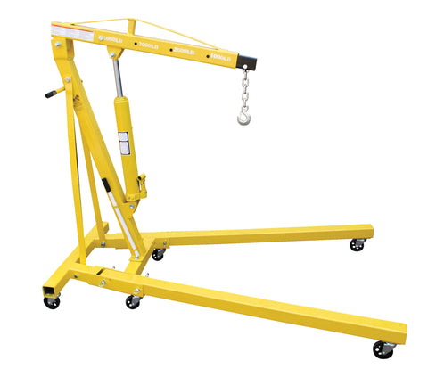 Heavy Duty Engine Hoist With Folding Legs For Shop Safety portable auto crane with sturdy yellow base and adjustable arm.