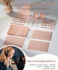 Disassembled Rose Gold 4 Tier Desk File Organizer parts with 4 letter trays, vertical file holder, sliding drawer, and 2 pen holders