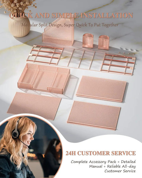 Disassembled Rose Gold 4 Tier Desk File Organizer parts with 4 letter trays, vertical file holder, sliding drawer, and 2 pen holders