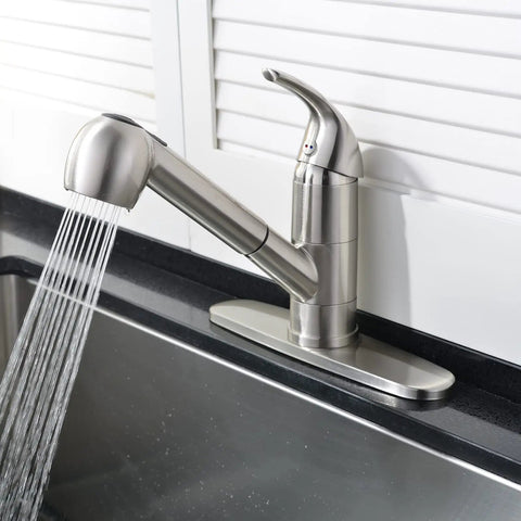 Kitchen Faucet With Pull Out Sprayer, Low Profile Stainless Steel, Single Handle Brushed Nickel Workhorse For Laundry Or Kitchen