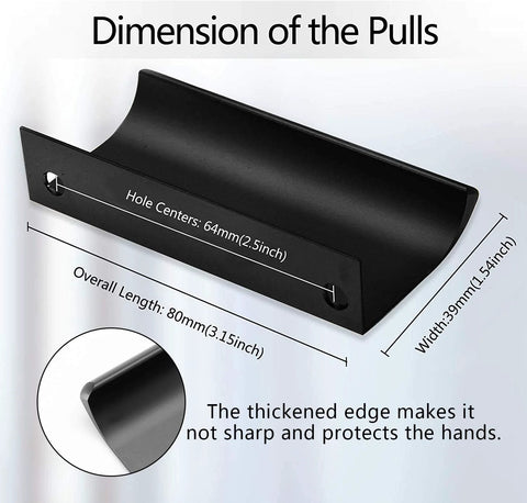 Diagram of Back Mount Finger Edge Pull 80mm Black Aluminum Alloy Hidden Concealed Tab Handle dimensions and features.