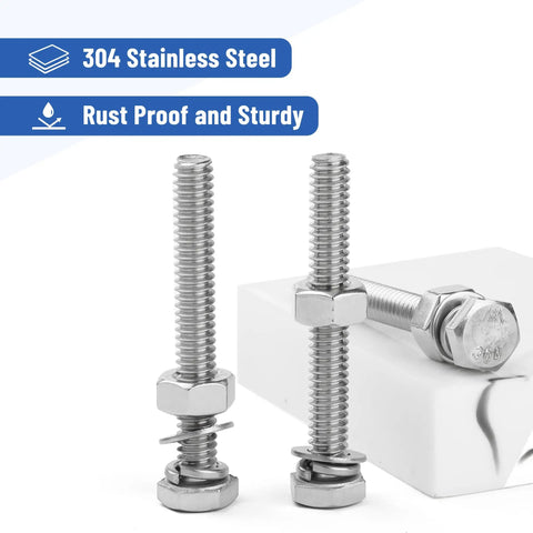 Kickass 10 Pack Of 1/4-20 X 2 Inch Stainless Steel Hex Bolts And Nuts With Washers, Rust Resistant Heavy Duty Fastener Kit Built Like A Tank For Garage Projects, showcasing rust-proof hex bolts and nuts.