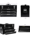 Heavy Duty Three Drawer Metal Toolbox With Ball Bearing Drawer Slides Portable Tool Chest Organizer Lockable For Garage Workshop And Repair Tools Plus Tough As Nails Steel Construction For Long Lasting Use, black with side view and measurements visible