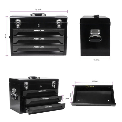 Heavy Duty Three Drawer Metal Toolbox With Ball Bearing Drawer Slides Portable Tool Chest Organizer Lockable For Garage Workshop And Repair Tools Plus Tough As Nails Steel Construction For Long Lasting Use, black with side view and measurements visible