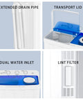 Auertech portable twin-tub washing machine with blue translucent lid, white body, dual water inlets and lint filter.