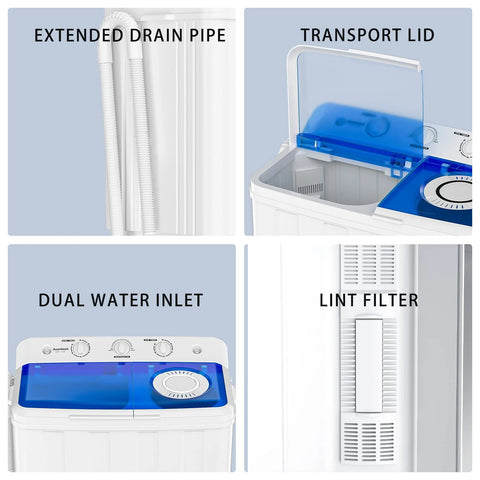 Auertech portable twin-tub washing machine with blue translucent lid, white body, dual water inlets and lint filter.