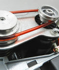 Premium Red Rubber Drive Belt For Mini Drill Press Straight Shot Transmission Strap on motor pulleys, showcasing tight fit and quality construction.