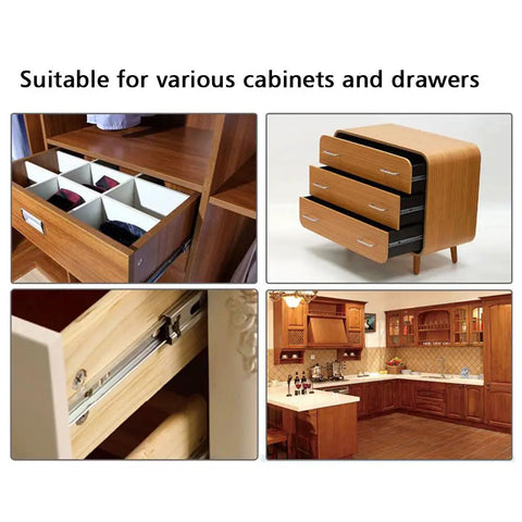 Heavy Duty 9 Inch Full Extension Ball Bearing Telescopic Drawer Slides Two Pair Cold Rolled Steel Cabinet Runners in various settings.