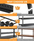 Comparison image of Heavy Duty Garage Shelving Units With Built Tough Storage Rack And Beefed Up Black Metal Frame.