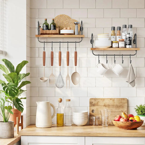 Legit Pine Wood Floating Wall Shelves With Ten Adjustable Mug Hooks For Your Best Coffee Bar Setup Yet Rustic Industrial Brackets and Heavy Duty Storage Rack displaying kitchen items.