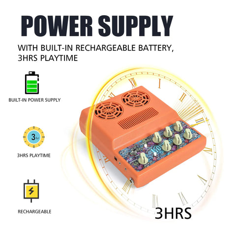 Rechargeable Tiny 20W Guitar Amp For Desktop Practice With Distortion Delay Aux In And Headphone Jack Stereo 2x10W 4 Ohm Speakers Portable CA100G showing built-in power supply and 3 hours playtime.