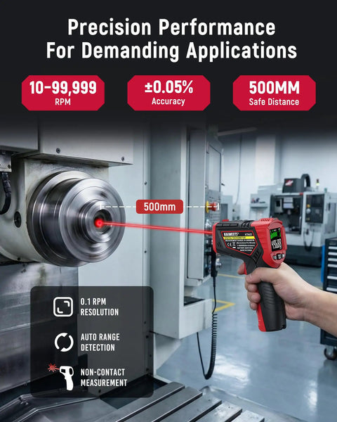 Non Contact Laser Tachometer RPM Meter For Engines And Motors, Handheld Tachometer With Large LCD Display, Measures 10 To 99,999 RPM, High Resolution, Max Min Memory, Reflective Tape Included, Great For Fans And Belts, handheld in industrial machine use