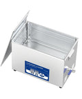 Heavy Duty 800W Ultrasonic Cleaner With Multi Frequency Tank And Digital Timer that shows open lid revealing stainless steel interior.
