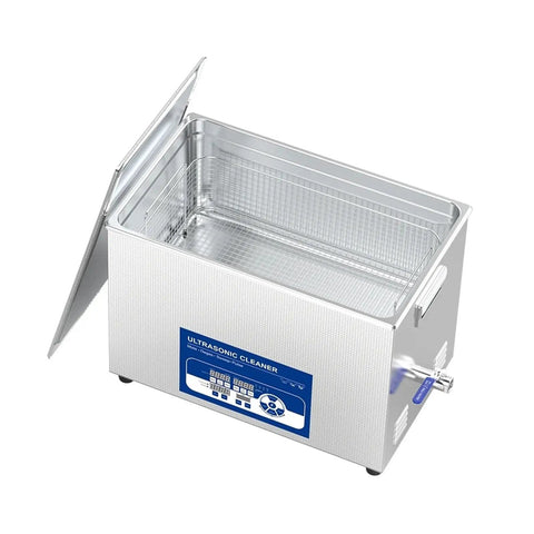 Heavy Duty 800W Ultrasonic Cleaner With Multi Frequency Tank And Digital Timer that shows open lid revealing stainless steel interior.