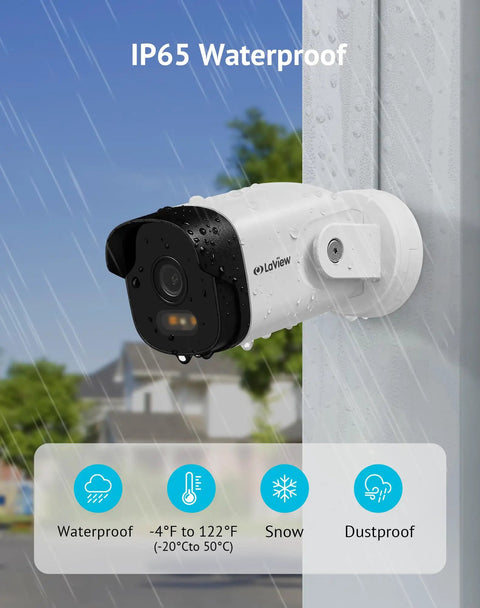 2K Outdoor Security Camera With Color Night Vision, 3MP Wired Network Camera, IP65 Weatherproof mounted on a wall in rain