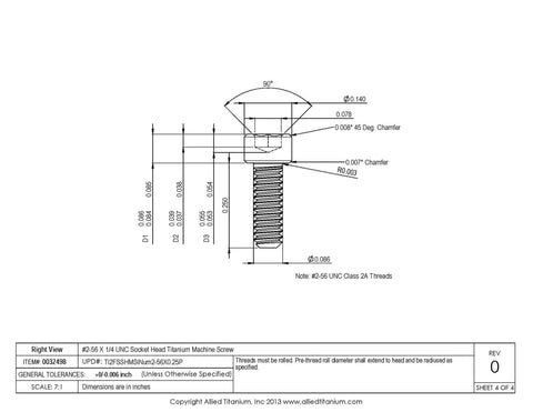 Pack Of Twenty Five Grade 2 Pure Titanium Socket Head Machine Screws Size 2 56 By Quarter Inch UNC Threads technical drawing with dimensions.