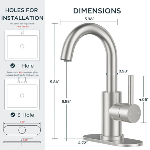 Heavy Duty Single Handle Bathroom Faucet 1 Hole Sink Tap Brushed Nickel Lead Free 304 Stainless Steel Smooth Glide Valve Zero Grind Operation Quick Grip Install Rock Solid