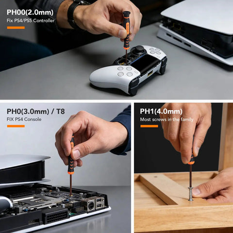 Pro Grade PS5 PS4 PS3 Console Repair Kit with PH00 PH0 PH1 Phillips and T8 Torx drivers in action on controller and console