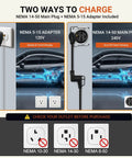 No Sweat Portable Level 1 And Level 2 EV Charger Delivers 32 Amp Boost Via J1772 Connector For Driveway Top Ups A Breeze On 120V Or 240V Power Plus 5-15 Adapter And 25 Foot Cord Perfect For EVs And PHEVs showing NEMA plug types.