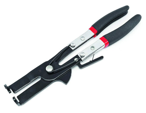 Black pliers with fine tooth ratcheting lock from 8 Piece Piston Ring Compressor Set With Fine Tooth Ratcheting Lock Includes Pliers And Six Bands Fits Pistons From Two Seven Eighths To Four Three Eighths Inches For Quick DIY Engine Assembly
