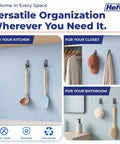 No Drilling Hassle Snap On Your Walls Versatile Adhesive Hooks For Quick Bathroom And Kitchen Refreshes Heavy Duty Grip Keeps Your Place Looking Sharp Total Game Changer For Tight Spots 12 Pack Storm Gray displayed with kitchen utensils, closet items, and bathroom accessories.