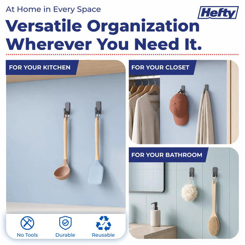 No Drilling Hassle Snap On Your Walls Versatile Adhesive Hooks For Quick Bathroom And Kitchen Refreshes Heavy Duty Grip Keeps Your Place Looking Sharp Total Game Changer For Tight Spots 12 Pack Storm Gray displayed with kitchen utensils, closet items, and bathroom accessories.