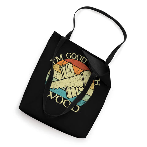 Totally Nailed It Dope Vintage Circular Saw Woodworking Tote Bag For Carpenters And DIY Craftsmen Plus Sweet Shop Essential Gift For True Makers Who Legit Appreciate Fine Timberwork And Quality Hand Tools, 16x16 inch black tote with saw graphic.