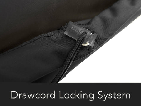 Close-up of auto-lock drawcord on Elite Chiminea Cover For All Weather Protection, Water Resistant 300D Polyester, Black.