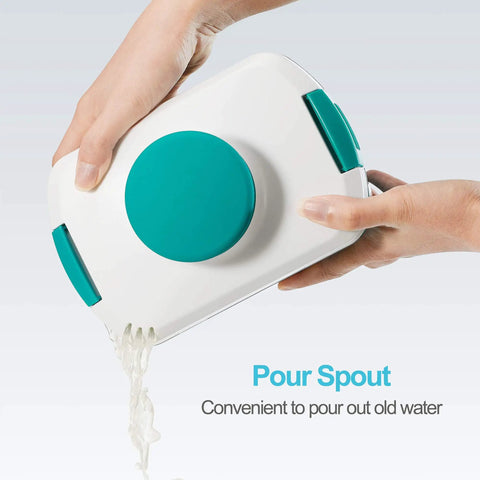 Hands demonstrating pour spout of Vegan Adjustable Tofu Press For Quick Water Removal From Silken To Firm And Extra Firm Tofu In 10 To 30 Minutes Without Cracking, BPA Free Stainless Steel Spring Self Contained Kitchen Gadget For Better Flavor And Texture.
