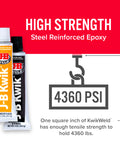 KwikWeld Quick Setting Steel Reinforced Epoxy with 4360 PSI tensile strength, shown with epoxy tubes and strength graphic.