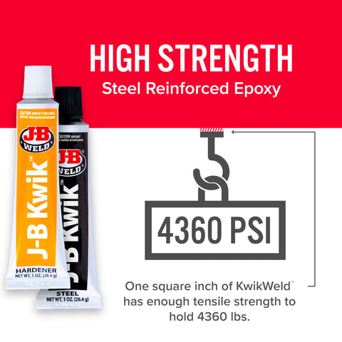 KwikWeld Quick Setting Steel Reinforced Epoxy with 4360 PSI tensile strength, shown with epoxy tubes and strength graphic.