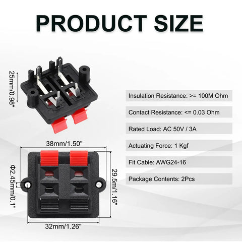 4 Way Spring Terminal Clip Push Release Connector Plate Jack Socket Speaker Terminal Strip Block Test Clip WP4-03B 2 Pieces Red Black Polarity Coding 38mm 29.5mm 25mm Mounting Hole 32mm 2.45mm Plastic Copper