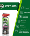 SprayMan can with 360-degree swivel nozzle highlighting features like protection, lubrication, and deep cleaning for rusted bolts.