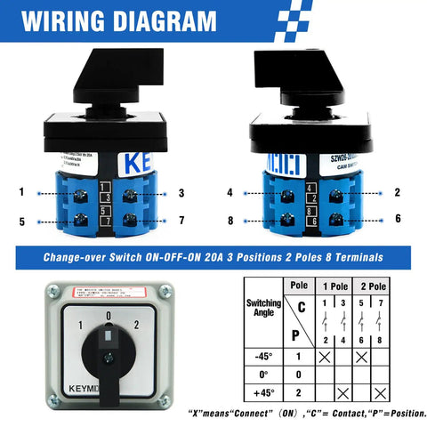 Wiring diagram for 20A Rotary Changeover Switch With Exterior Box On Off On 660V Latching Universal Selector IP65 3 Positions 2 Poles