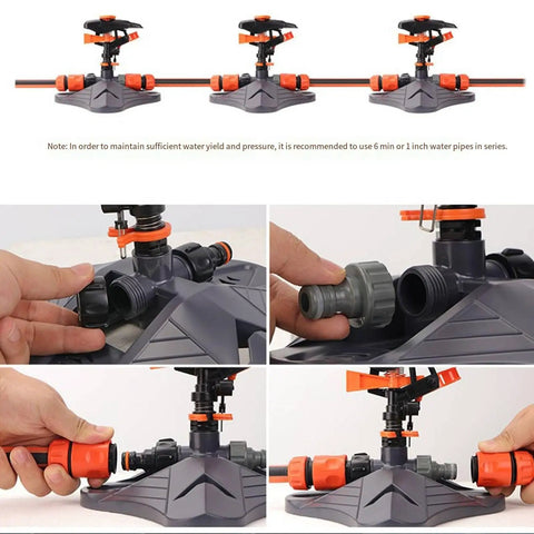 360 Degree Yard Sprinkler With Adjustable 45 To 90 Degree Spray being connected to garden hose, focusing on nozzle and settings.