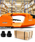 Heavy Duty Electric Handheld Strapping Machine For PP Pet Strap Featuring 6000Mah Battery, with parcel and battery mounts in warehouse.