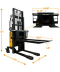 Semi Electric Thin Leg Pallet Stacker Built Like A Tank To Move Up To 3307 Lbs Loads With Quick 78 Inch Lift Height North American Made Heavy Duty Logistics Game Changer side view with dimensions
