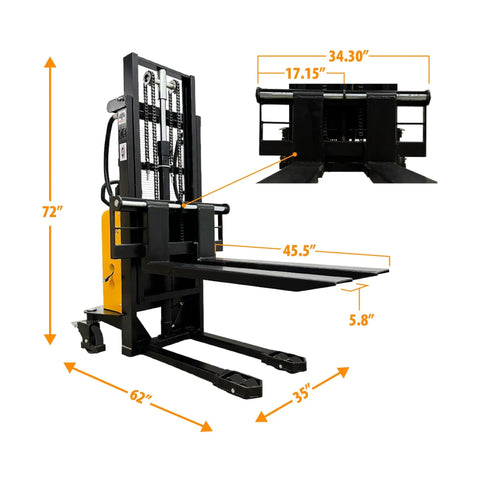Semi Electric Thin Leg Pallet Stacker Built Like A Tank To Move Up To 3307 Lbs Loads With Quick 78 Inch Lift Height North American Made Heavy Duty Logistics Game Changer side view with dimensions