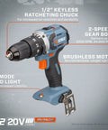 Cordless 20-Volt Max 1/2-Inch Hammer Drill Driver with keyless chuck and LED light for home projects.