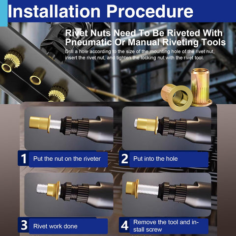 Installation procedure for 1/4-20 Rivet Nuts Zinc Plated Carbon Steel Threaded Insert Rivnut Flat Head UNC 20 Pieces