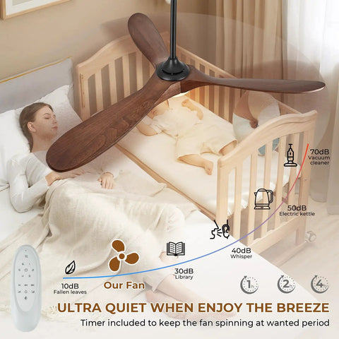 52 Inch Wood Walnut Outdoor Ceiling Fan With Lights And Remote Control in a nursery, showcasing quiet operation over a sleeping child.
