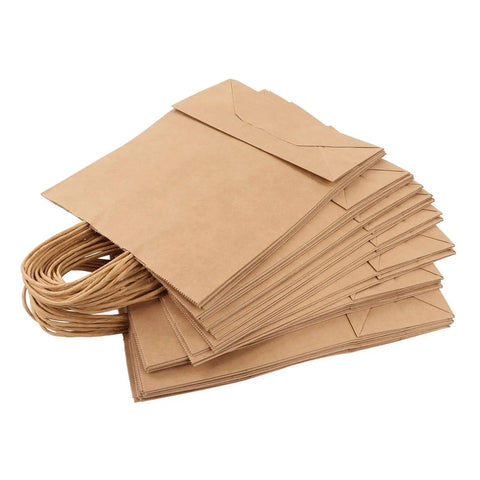 Stack of heavy duty kraft paper shopping bags with handles for reuse and easy carry DIY friendly for decorating large capacity groceries and gifts