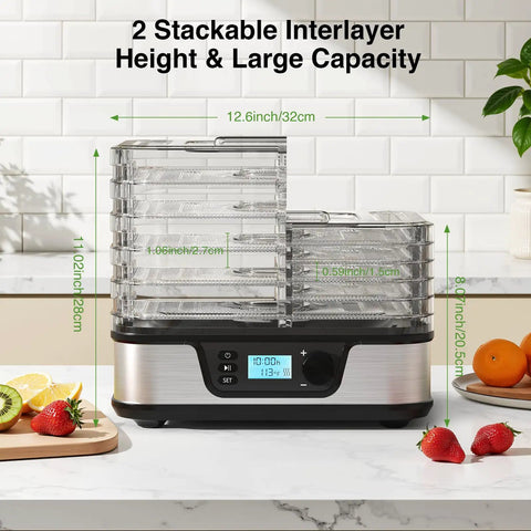 Five Tray Food Dehydrator With Seamless Seventy Two Hour Countdown And Smooth Temperature Controls for drying fruits on a kitchen countertop.
