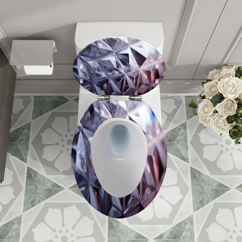 Elongated Quiet Close Toilet Seat for Bathroom with diamond pattern, top view showing installation on standard toilet.