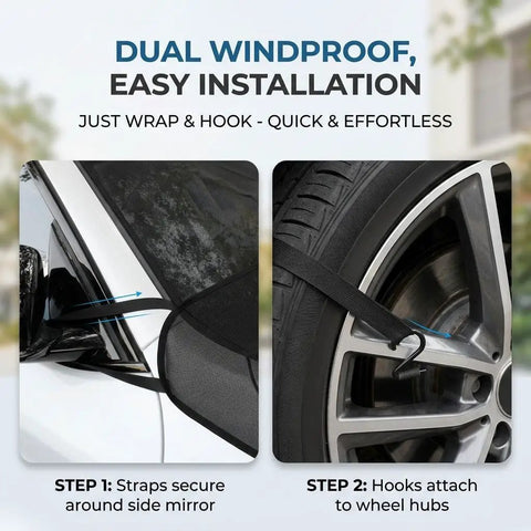 Installation steps for Heavy Duty Windshield Cover For Tesla Cybertruck 2024 Plus with straps and hooks for secure fitting.