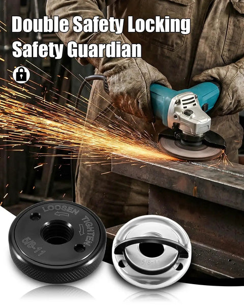 Worker using angle grinder with Heavy Duty Self Locking 5/8-11 Angle Grinder Flange Nuts 2-Pack With Quick Release. 