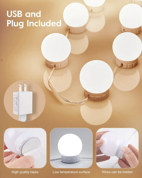 14 Bulb Dimmable Hollywood Style Makeup Vanity Lights Kit With 22ft Adjustable Fixtures and USB Plug Shown