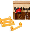 Four yellow Rugged Tape Measure Holder For Garage Organization, Keeps Tools Handy On Ladder Or Workbench, Grab-And-Go Quick Install Tool Hook Pack Of 4 displayed.